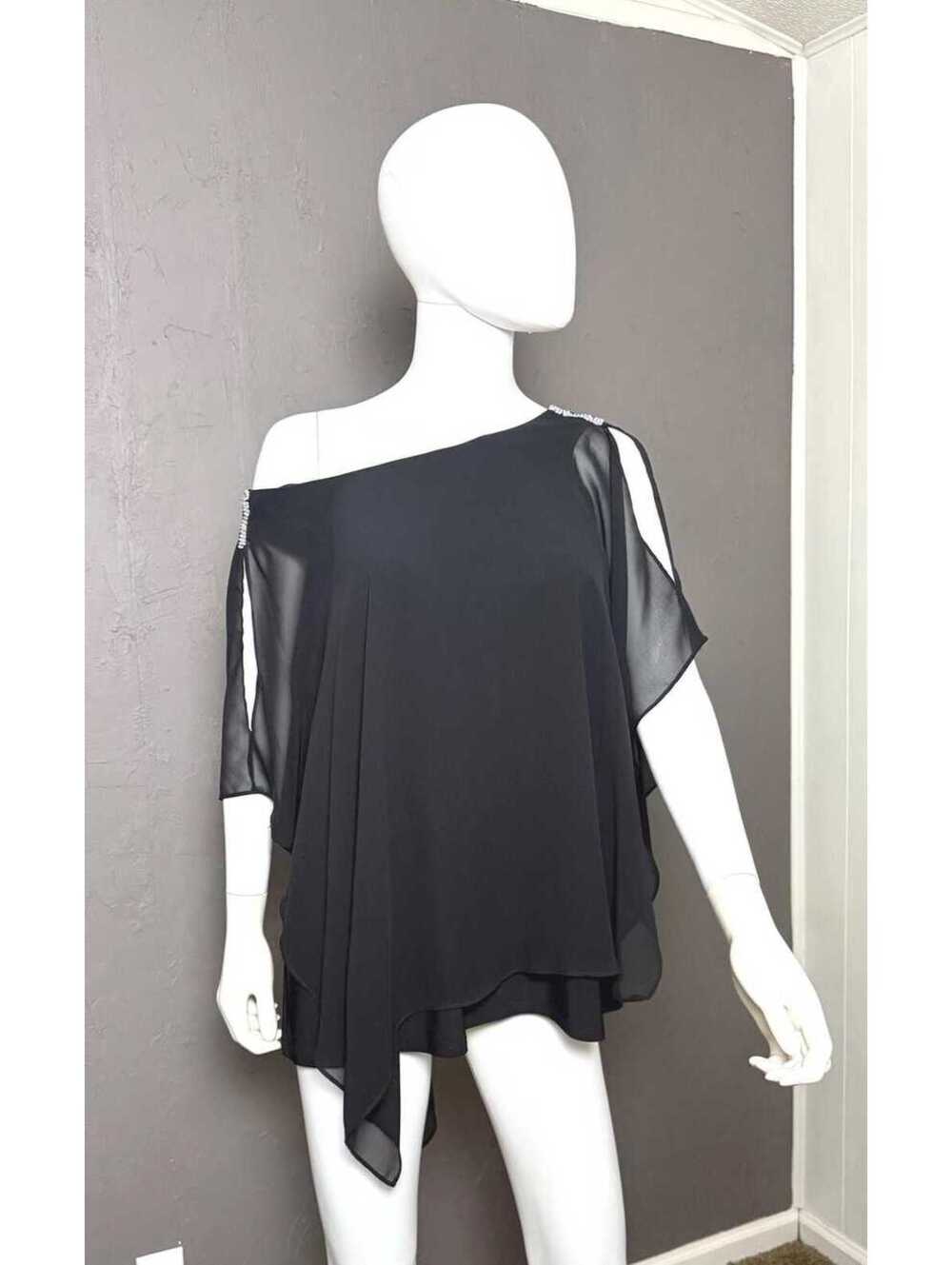 Y2K Black Chiffon Slouchy Split Shoulder Top Rhinestone Accents by MSK XL
